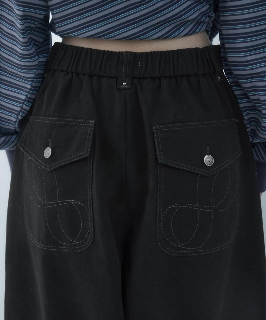 LOOXP Four-Button Logo Rivet Wide Balloon Long Pants Black