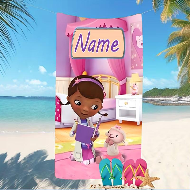 Customizable personalized beach towels Doc McStuffins themed designs.Suitable for the beach, yoga, sports;ideal as beach accessories