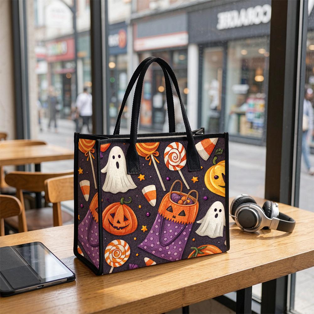 Halloween Pattern Tote Bag Portable Cute Candy Ghost Pumpkin Handbag for Daily Use