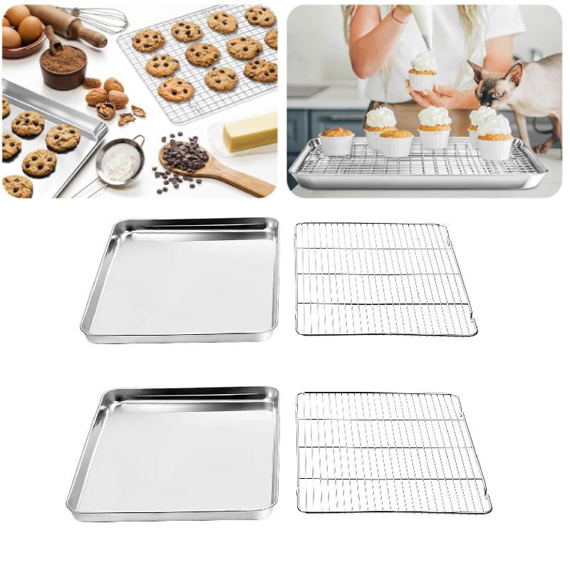 Stainless Steel 4pcs Baking Tray Rack Bbq Roaster Oven Cooling Rack Square Sheet