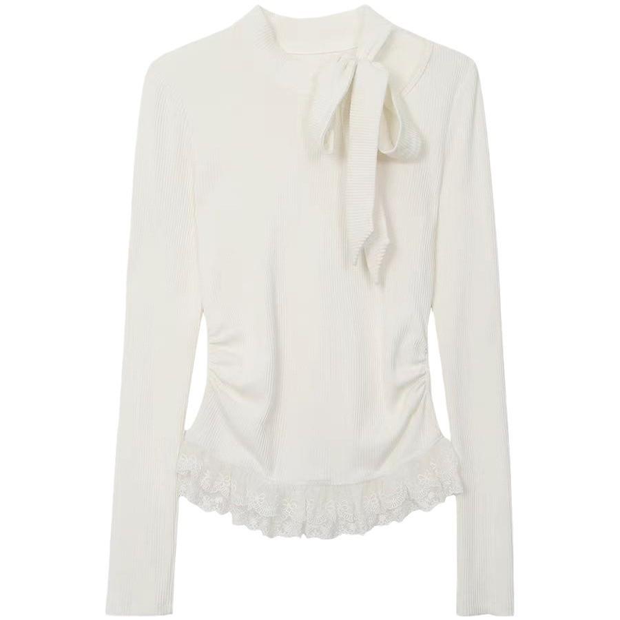 Autumn Lace Bow-Tie Long-Sleeve Slim Fit Top - Sexy Pure Desire