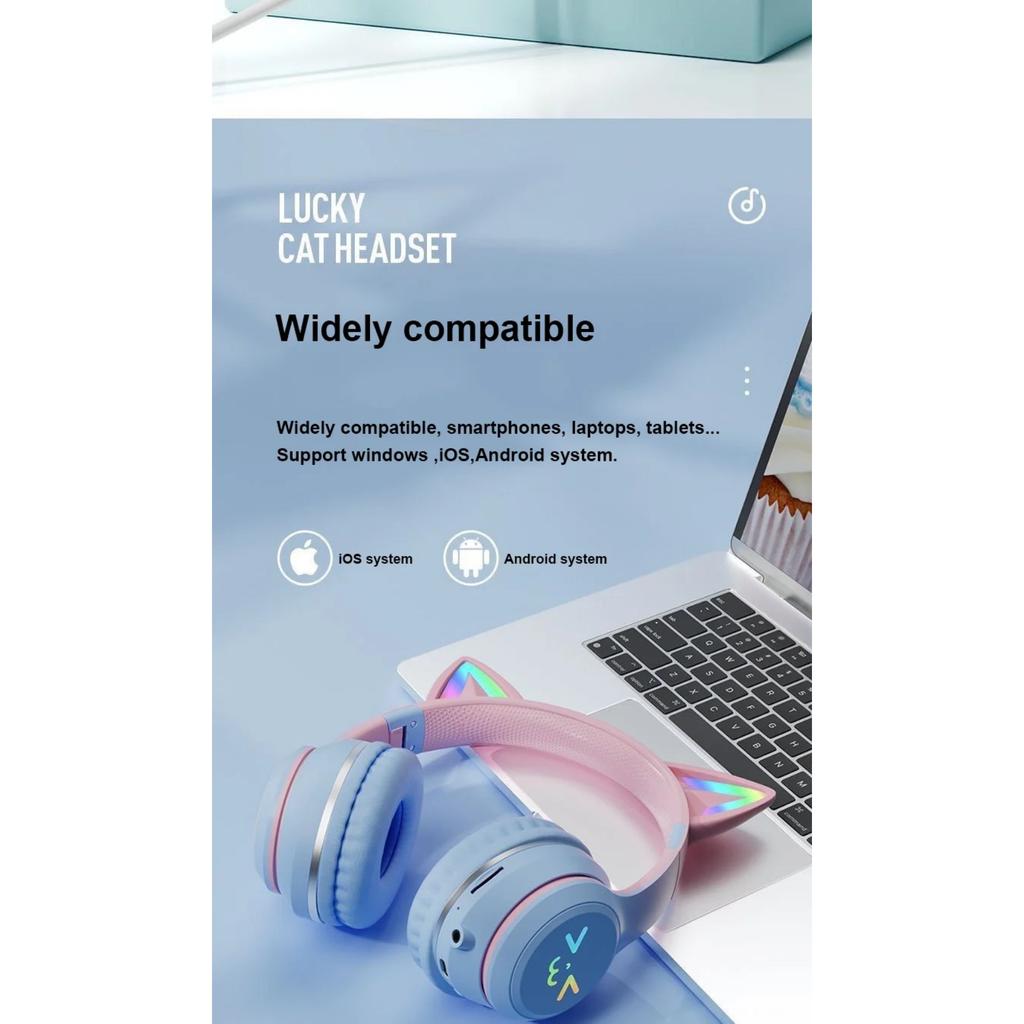 LED Flash Light Bluetooth Headphones Cute Cat Ears Wireless Earphone with Mic Kids Girls Stereo Cool RGB Headsets Bluetooth 5.1