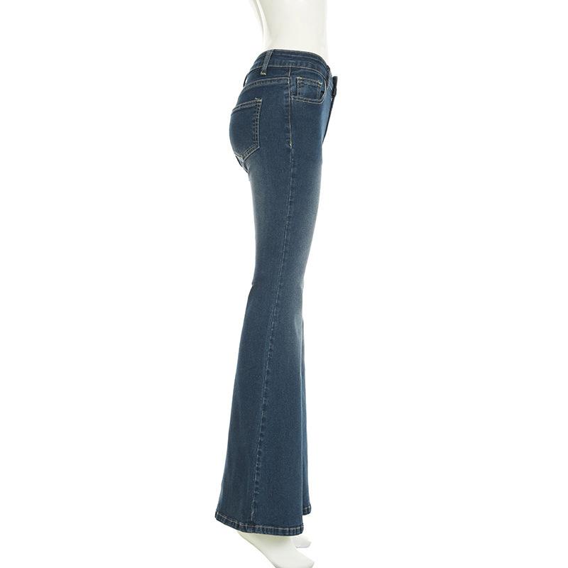 Plant Printed Embroidery Y2K Flare Jeans Women Vintage Skinny Boot Cut Trousers Fashion Street 2000s Denim Pants Fall