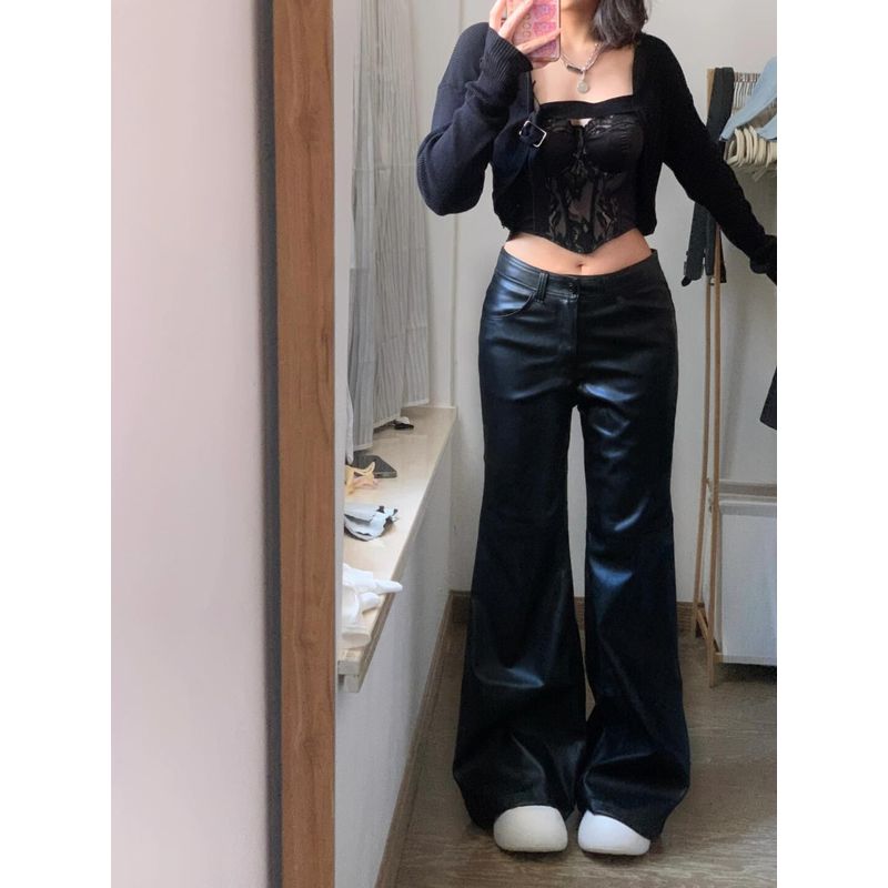 

Ретро Заниженная талия больших размеров Женские кожаные брюки для фигуры типа «груша» Black S