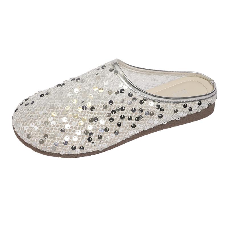Spring Baotou Slippers for Women Round Head Sequin Cloth Mesh Breathable Soft Sole Anti-slip Wear-resistant Flat Shoes
