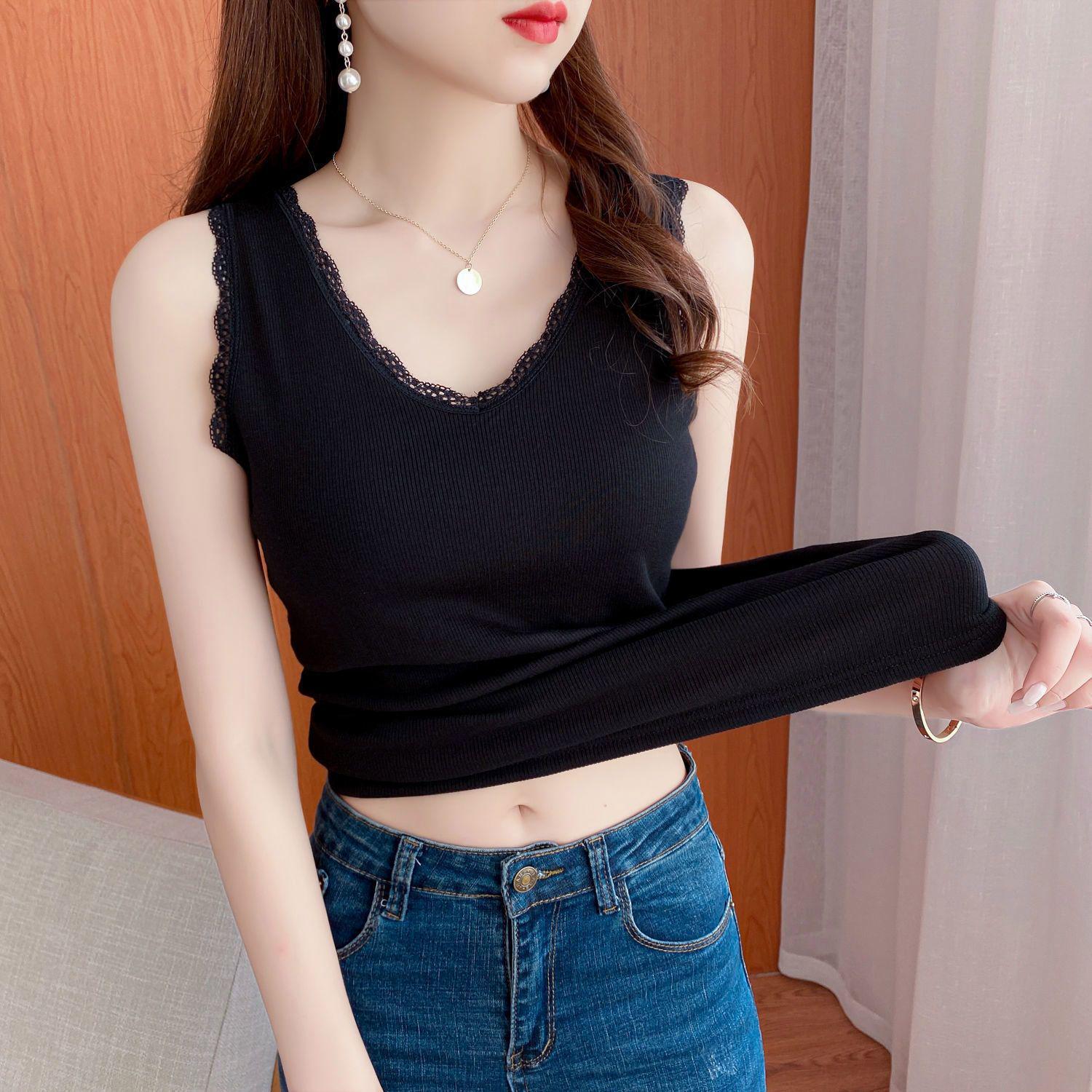 Women s Lace Trim Modal Cotton Ribbed V-Neck Tank Top - Slim-Fit Versatile Camisole for Spring and Summer M (80-95 lbs)