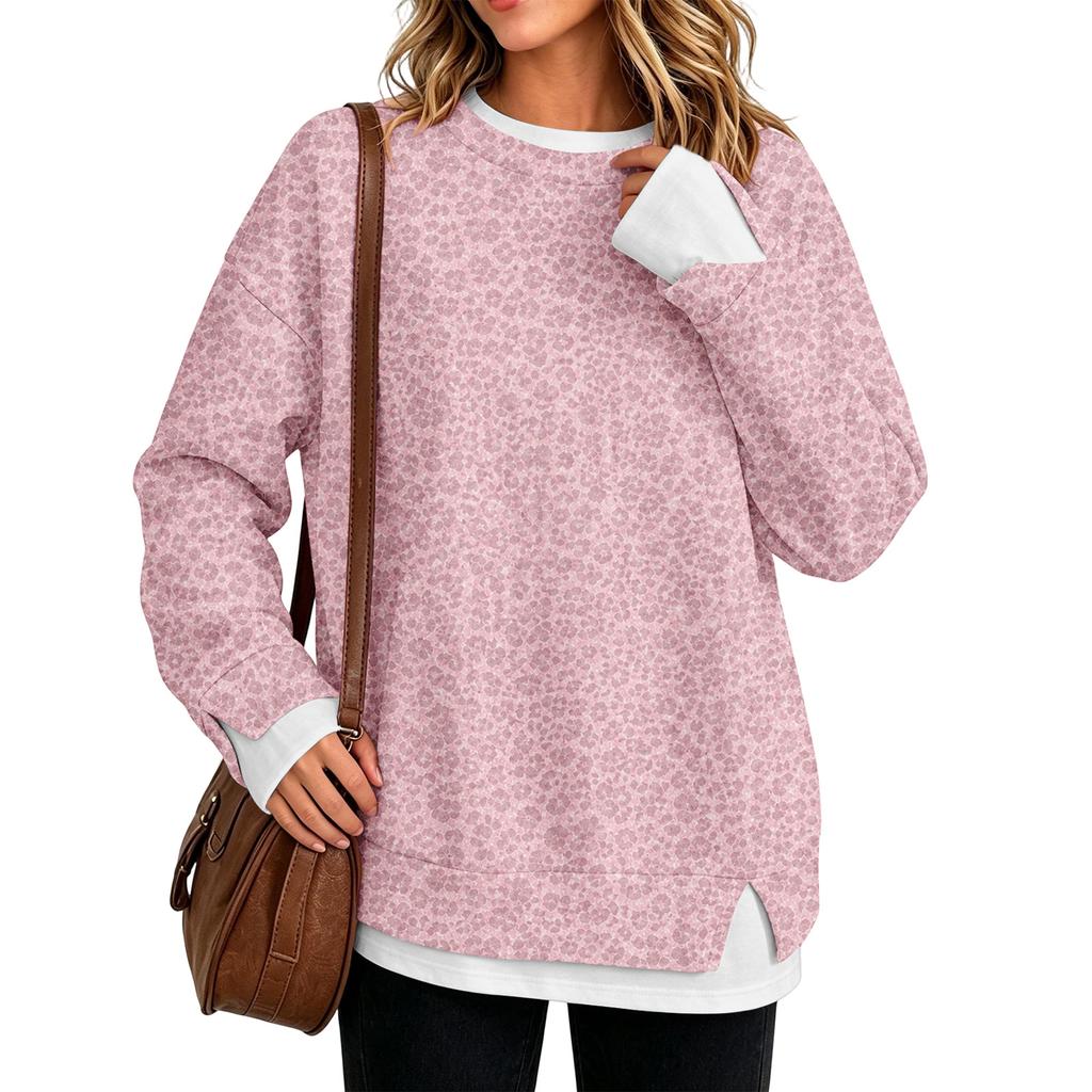 Women's Leopard Print Two Piece Long Sleeve Round Neck Casual Pullover Top