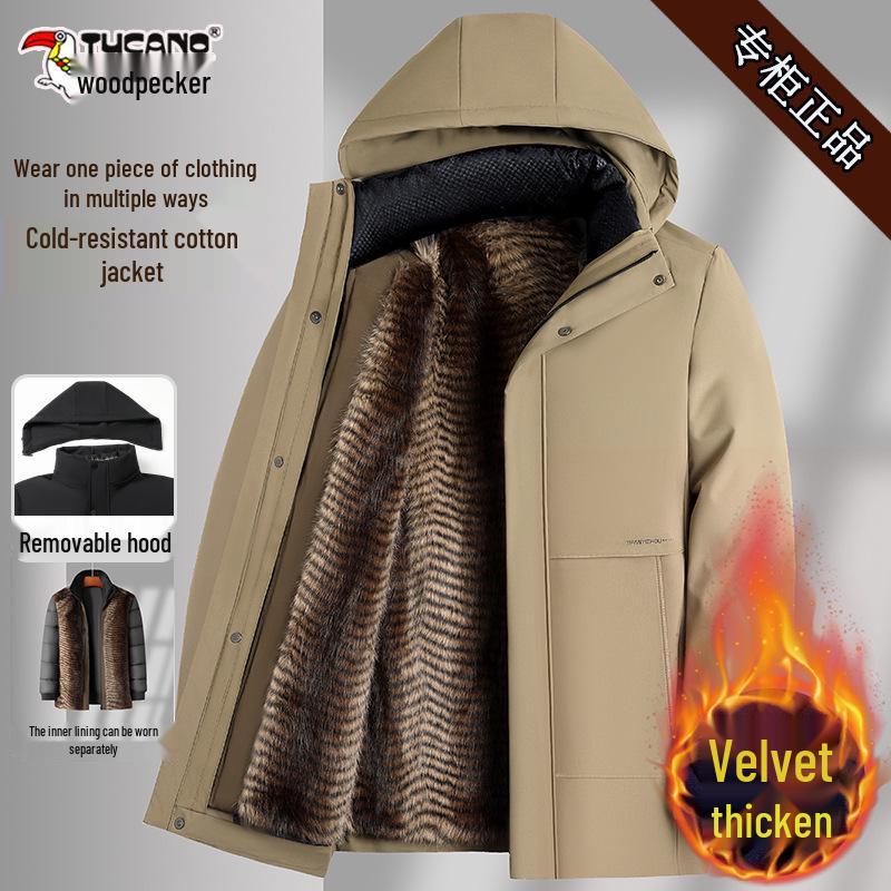 Men's Woodpecker Plus Velvet Mid-length Jacket with Hood, Detachable Liner, Cotton Winter Coat for Middle-aged and Elderly