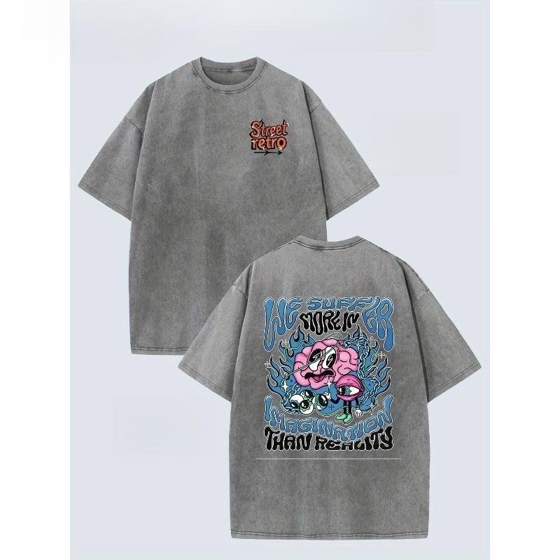 Men's  Washed T-Shirt - Streetwear Tee with Distressed Front, Soft Breathable Fabric, Loose Fit Round Neck Short Sleeve Shirt for Casual Casual Attire