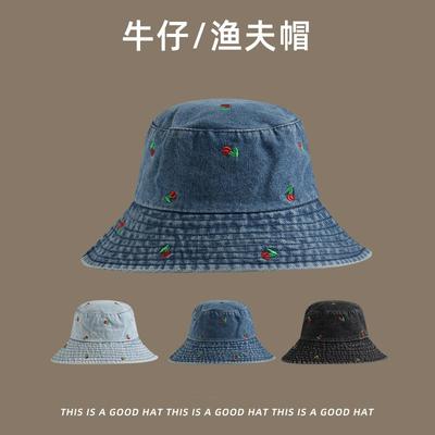 Neuer Hut Damen vielseitige Mode Denim Bucket Hat besticktes Kirschmuster breite Krempe Sonnenschutz Beckenhut