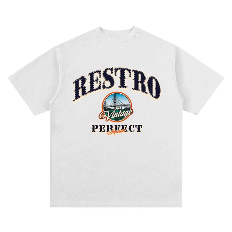 American Retro and Simple City Boy Style Printed Hip-hop Heavyweight Loose Off-the-shoulder Short-sleeved T-shirt Trend