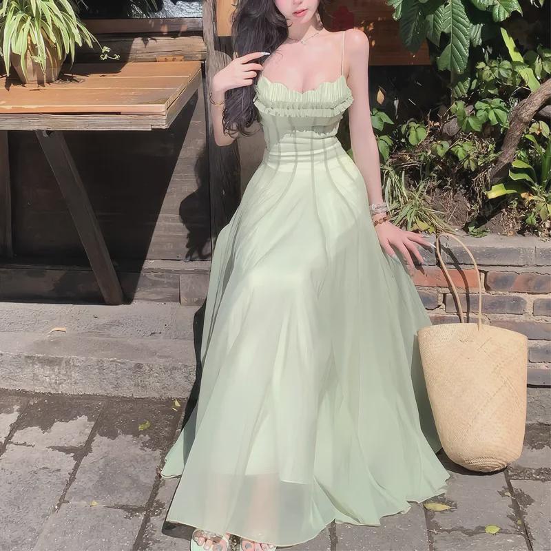 2025 Spring Slim Waist Long French Suspender Mesh Dress