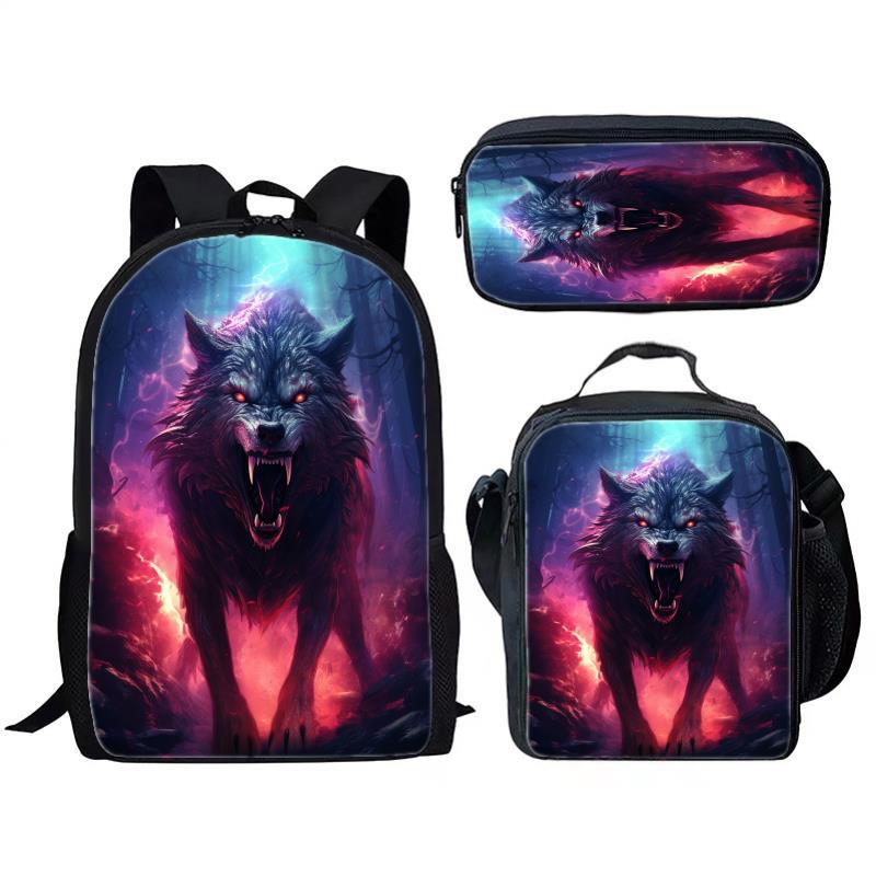 Animal Wolf Three Piece Set for Children and Elementary School Students, Large Capacity Backpack, Meal Pack, Pen Bag