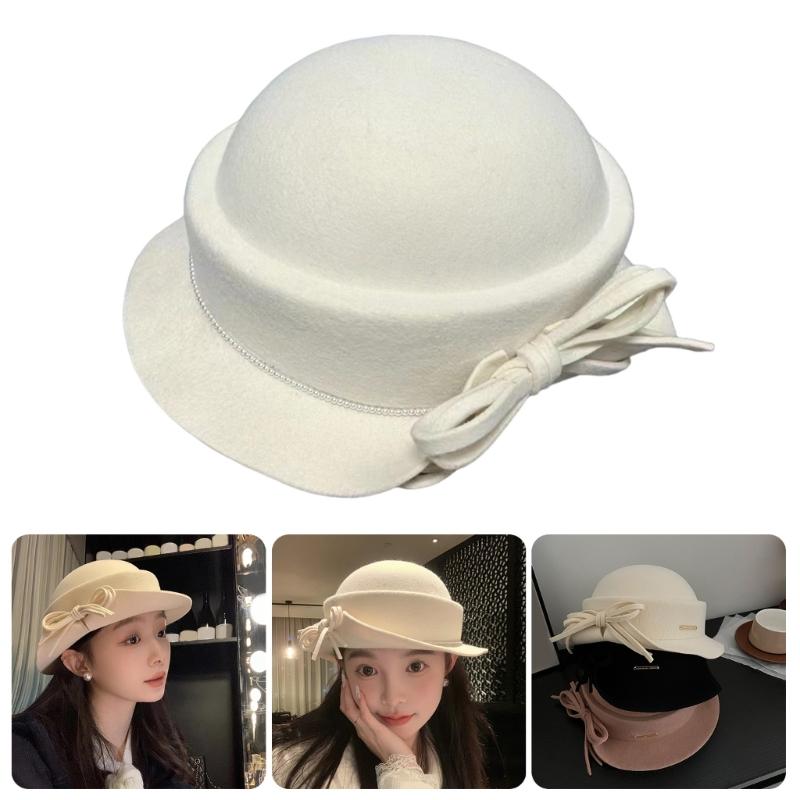 Fashion Wool Fedoras Caps Bowler Hat for Women 20S Flapper Costume Hat Cocktail Party Caps Elegant Winter Warm Round Hat