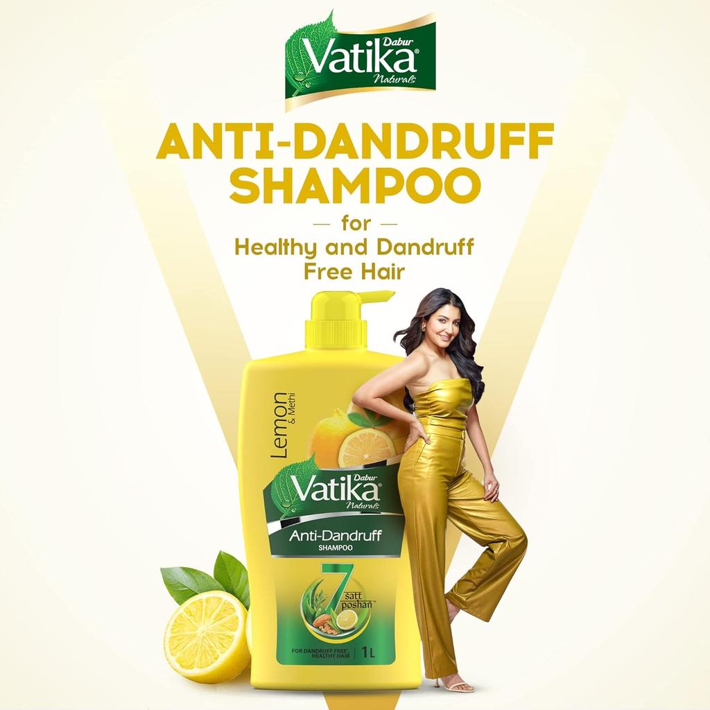 Dabur Vatika Lemon Anti-Dandruff Shampoo 1L | Reduces Dandruff, Nourishes Scalp & Hair | Gentle Cleansing With Lemon, Methi & Natural Oils