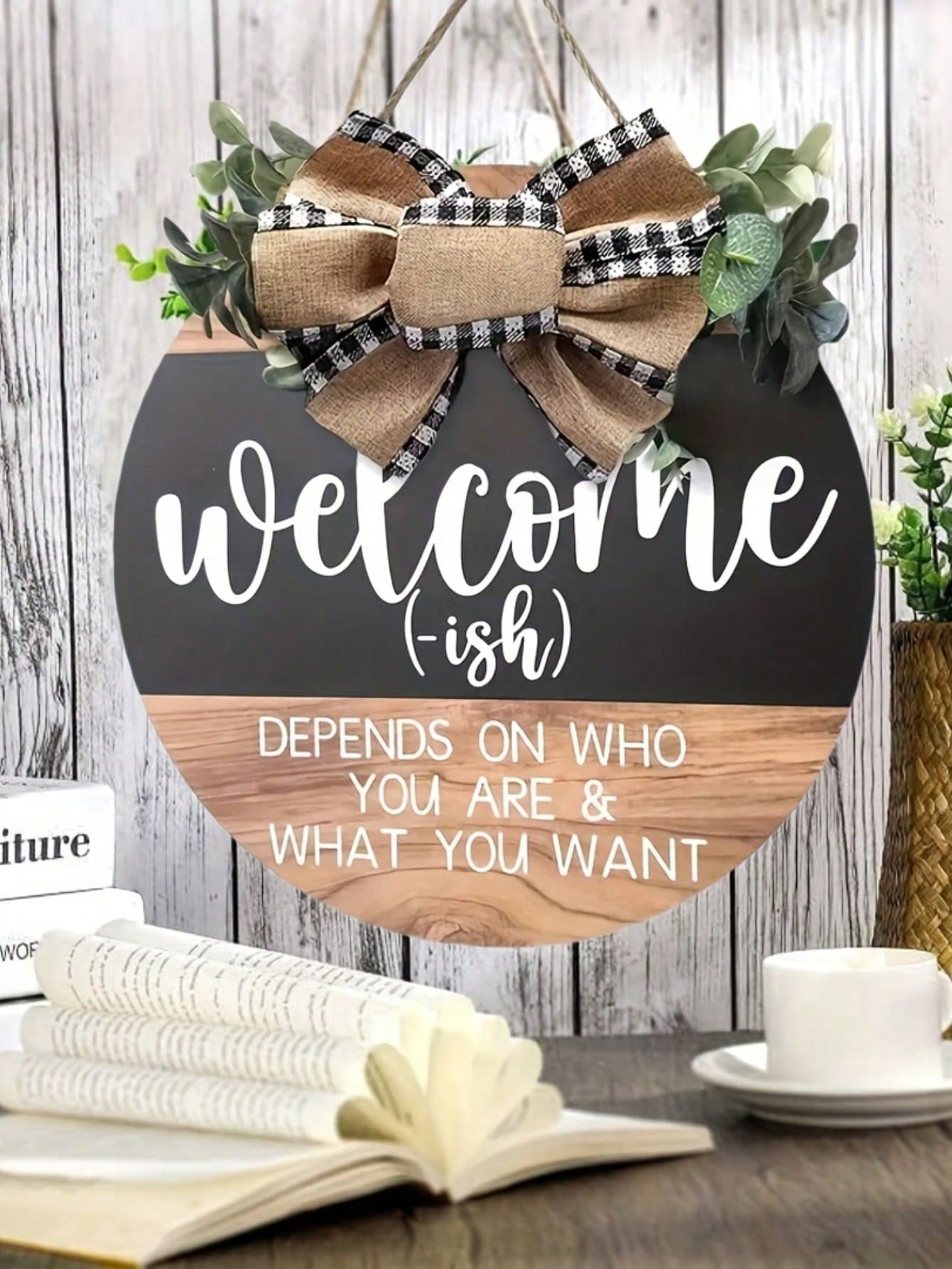 

1 Piece Front Door Welcome Sign, Fun Garland, Hanging Wooden Plaque Decoration, Round Country Wooden Farmhouse, Porch Decoration 30x30cm