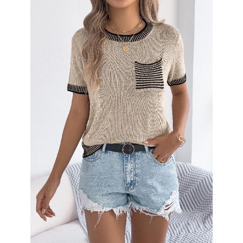 2026 Spring/Summer Casual Color-Block Striped Pocket Short-Sleeve Women's Versatile Knit Sweater
