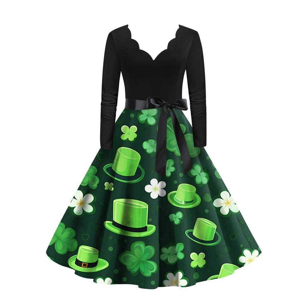 Women's Vintage Classic Dress Long Sleeve  Print Round Neck Swing Dress