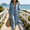 Casual Midi Dress Women Ruffle V Neck Long Dress, Loose Fit Dresses Solid Color Sleeves for Spring Autumn