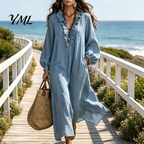 Casual Midi Dress Women Ruffle V Neck Long Dress, Loose Fit Dresses Solid Color Sleeves for Spring Autumn