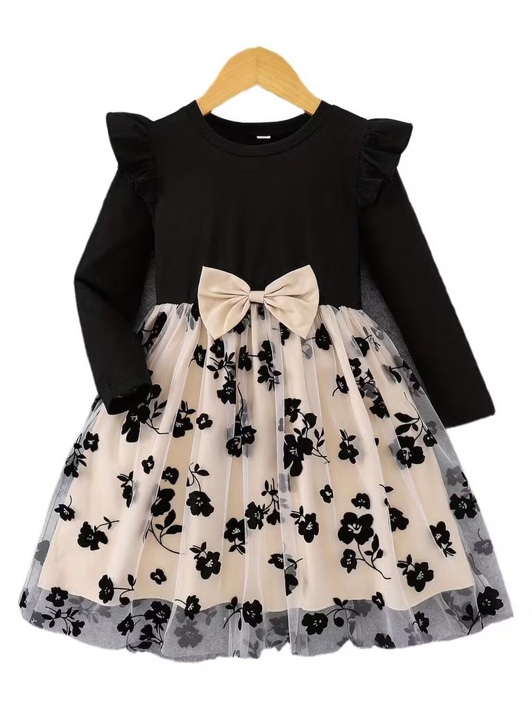 Süßes Kleinkind Mädchen Blumenmuster Tüllkleid Puffärmel Elegantes Prinzessinnenkleid für den Alltag und Partys