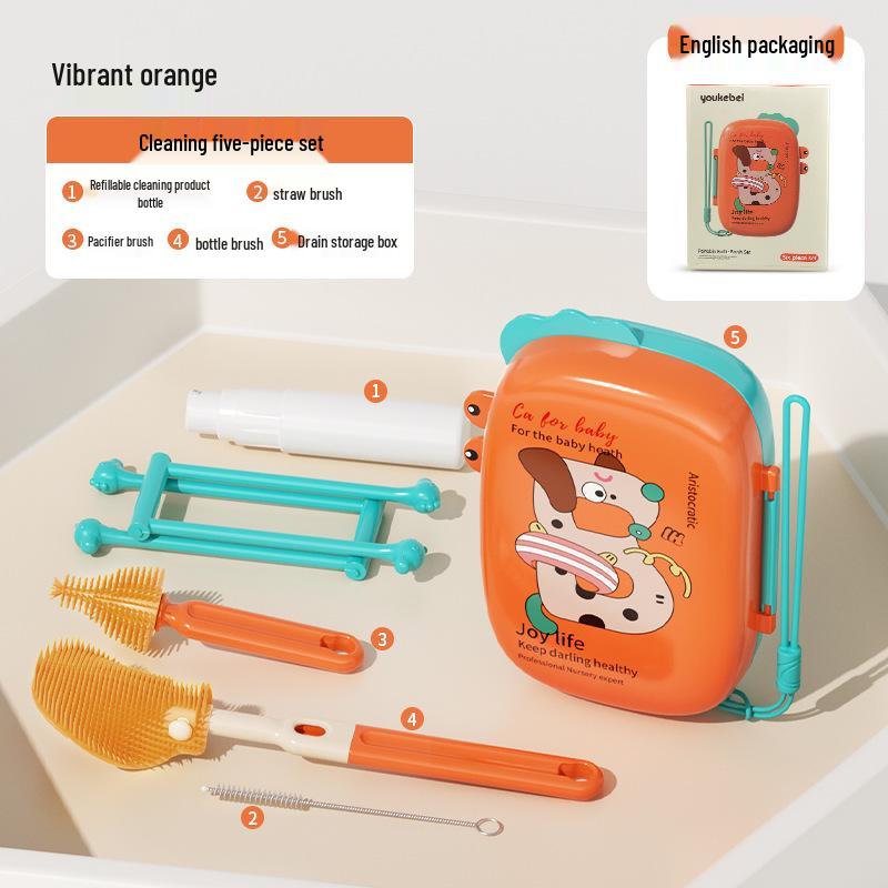 Portable Baby Bottle & Nipple Cleaning Brush Set with Drain Rack and Storage Box