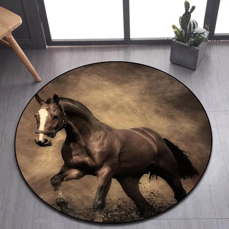 3D Running Horses Round Carpet Non-slip Mat Luxury Wild Horse Area Rug for Game Room Bedroom Decoration