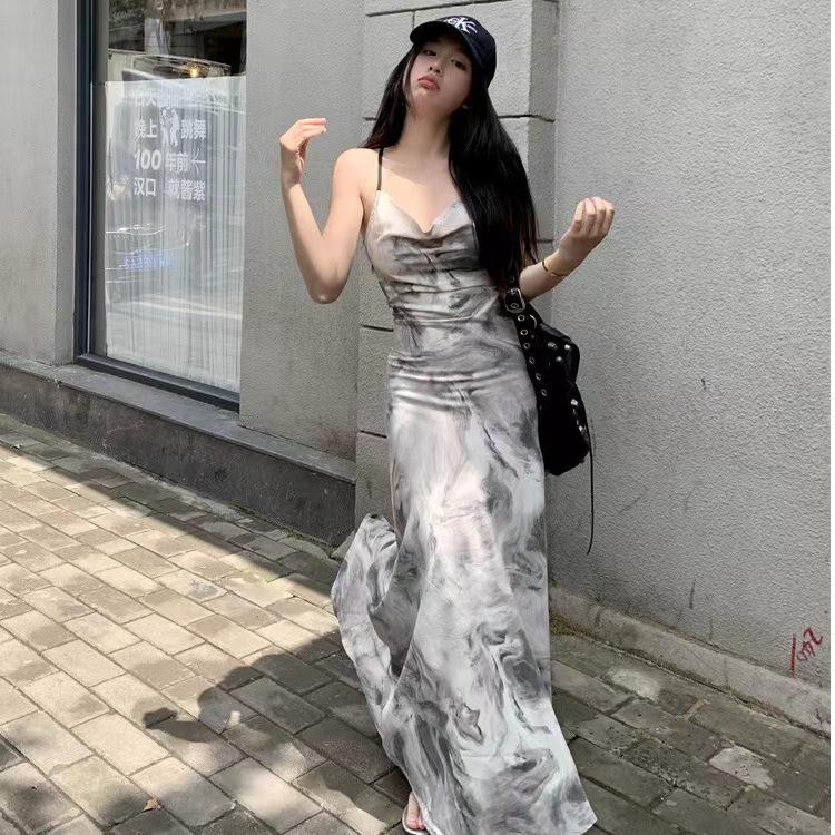 Foreign-style Ink Painting Tie-dye Neck Suspender Skirt Summer New Backless Holiday Wind Belt Dress