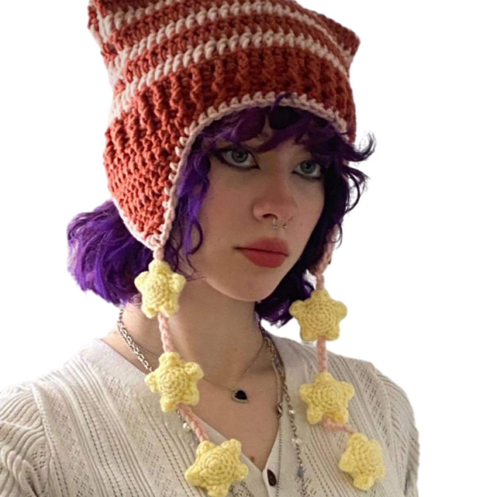 

Girl Y2K-theme Party Hat Knitted Hat Balaclava Hat Thicken Devil Hat Striped Hat with Star Photo Prop 11