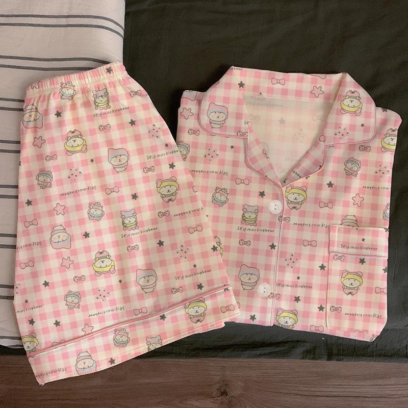 Cute Self-Deprecating Bear Pajamas Women'S Summer Short-Sleeved Sweet Pink Plaid High-Value Loungewear Suit
