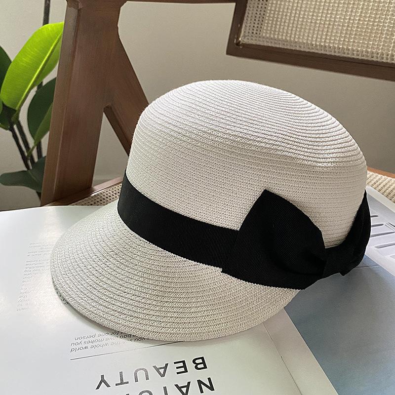 

Bow duck tongue straw hat women s vacation shading summer seaside top hat sun protection beach hat fisherman hat Adult (54-58cm) білий