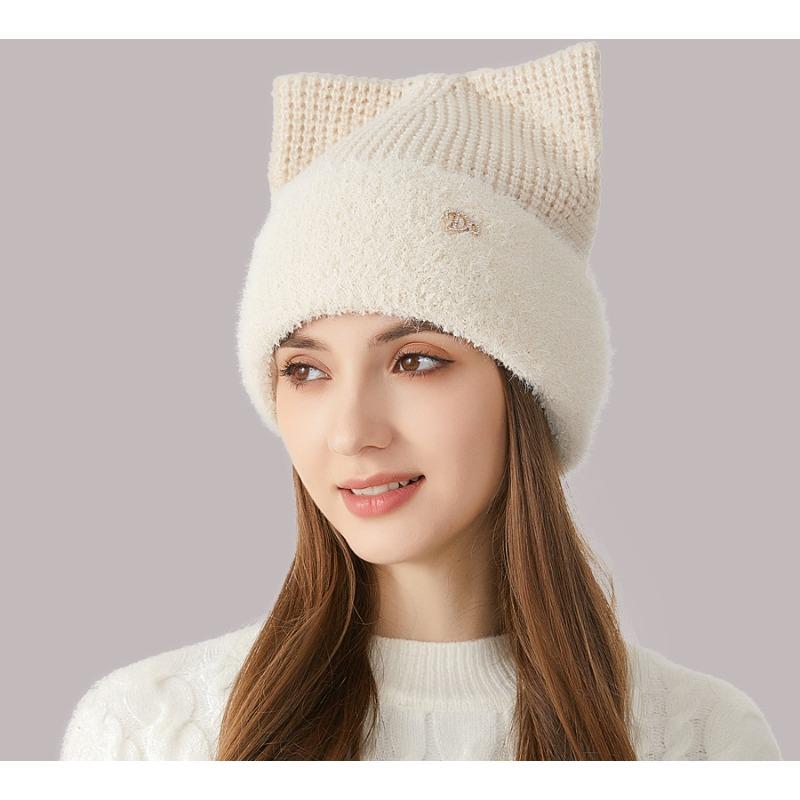 Girls' Cute Cat's Ears (Steamed Cat-ear Shaped Bread) In Winter Thickened Ear Protection Knitted Hat Versatile Solid Wool Hat