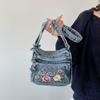 Denim Crossbody Bag Women's Cartoon Kitten Embroidered Multi-compartment Shoulder Bag