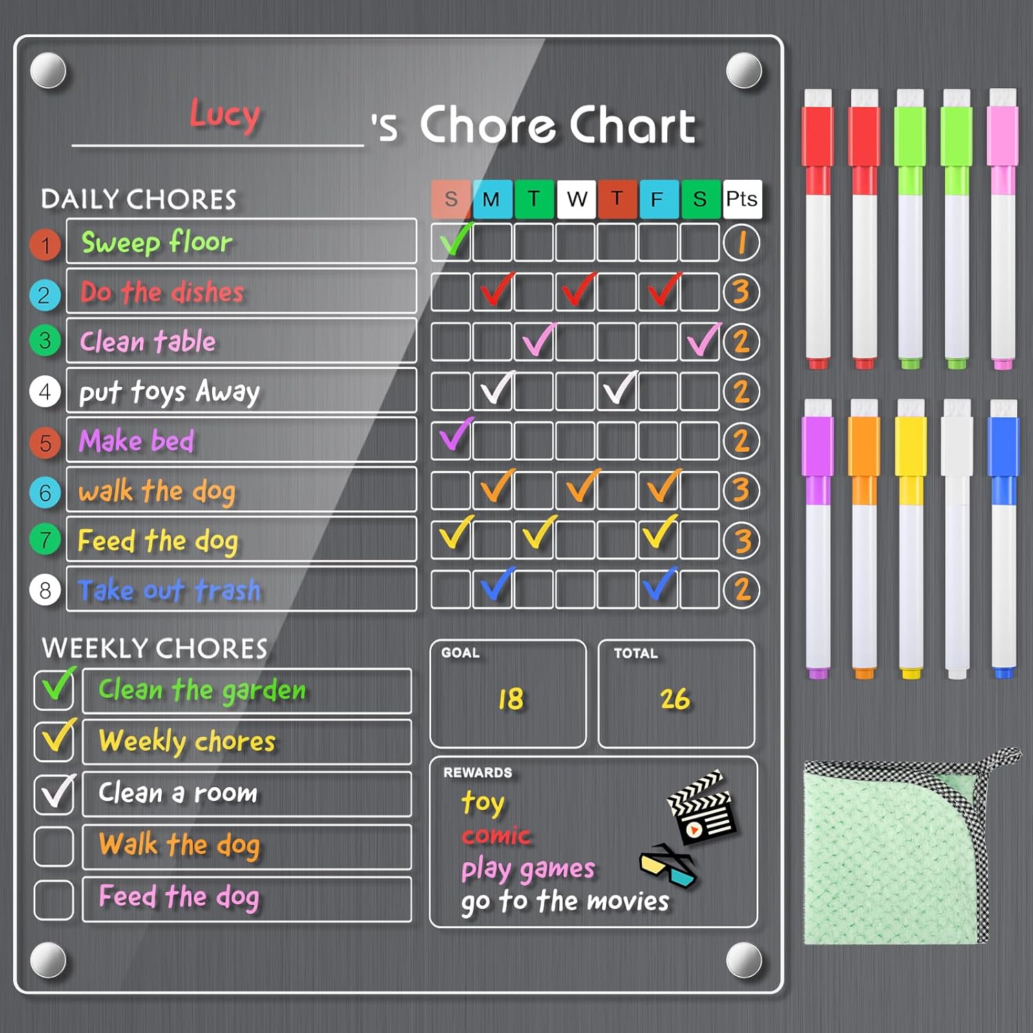 Acrylic Magnetic Chore Chart for Kids/Teens/Adults, 9.5 x12 , Reble Chore Checklist & Responsibility Tracker (1 Pack) 1 Pack