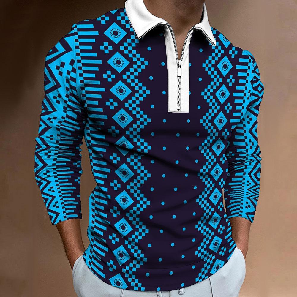 Men's Polo Shirt Digital Printing Men's Sweatshirt T-shirt Men's Autumn and Winter New Ethnic Style T-shirt Tops Men's Lapel Shirt