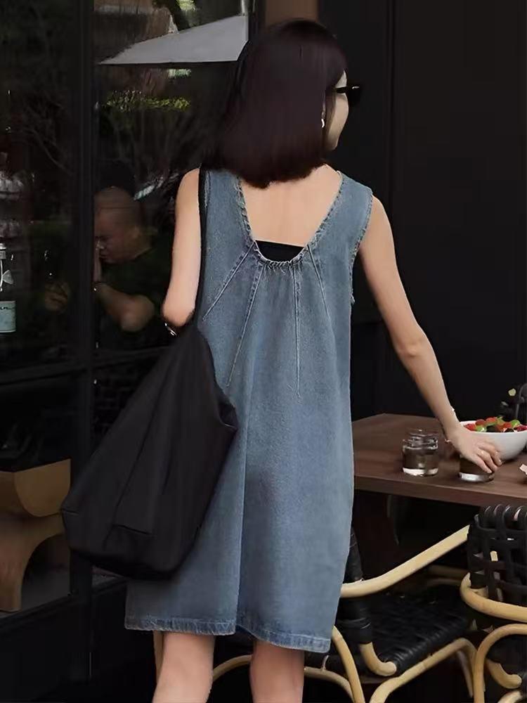 Retro French Sleeveless Backless Denim Dress - 2026 Women's Summer Loose Slimming Short Skirt