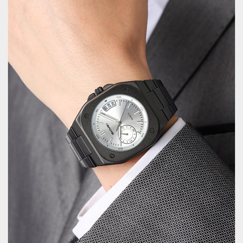 Mens Analog Quartz Wrist Watch Waterproof Luminous Dial Calendar Window Steel Band Square Dress Watches