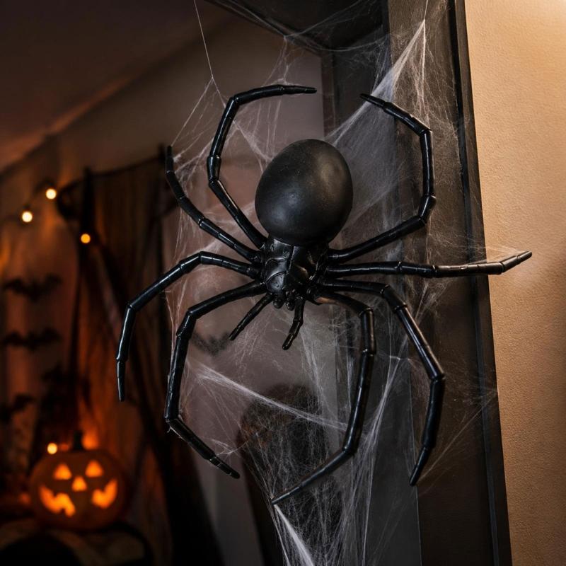 Plastic Halloween Spiders Set, 8 Hanging Figures for Ceiling Styling, Entry Corners, Classroom Themes, Photo Zones and Room Displays