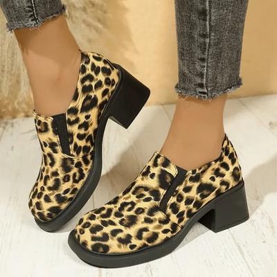Plus Size Slip On Women's High Heels Fashion Casual Pumps Leopard Round Toe Chunky Heels Shoes Women