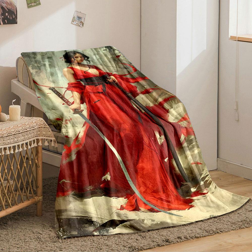 Flowing Red Dress with Dynamic Fabric Accents and Dual Swords. for All Seasons Blanket Lunch Break Throw Gift