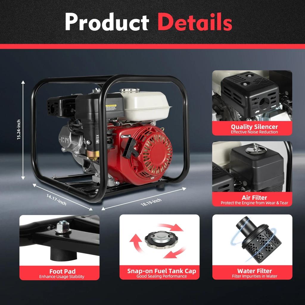 210cc Gas Gasoline Low Noise Water Pump, 4-stroke 6.5Hp Petrol Water Transfer High-quality Pump for Water Intake & Irrigation