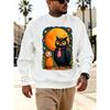 Men's Graphic Print Crew Neck Sweatshirt With Cute Owl And Orange Friend Under Full Moon Stars, Loose Fit Streetwear.