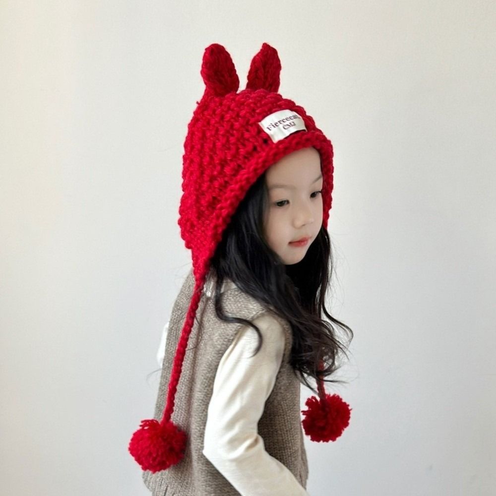 Solid Color Hand Knitted Cap Rabbit Ear Ear Protection Cap Cute Baby Crochet Hat  Kids