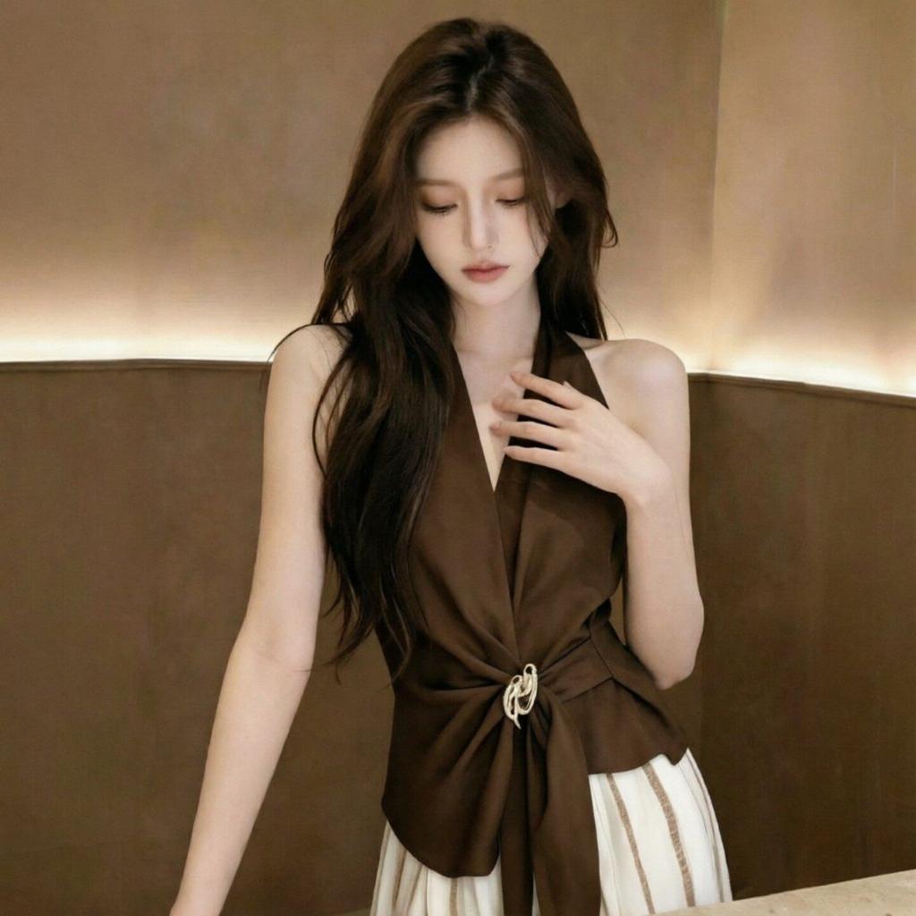 French Neck V-neck Sleeveless Sling Vest Women's Waist Lace-up Streamer New Summer Vacation Coffee Top