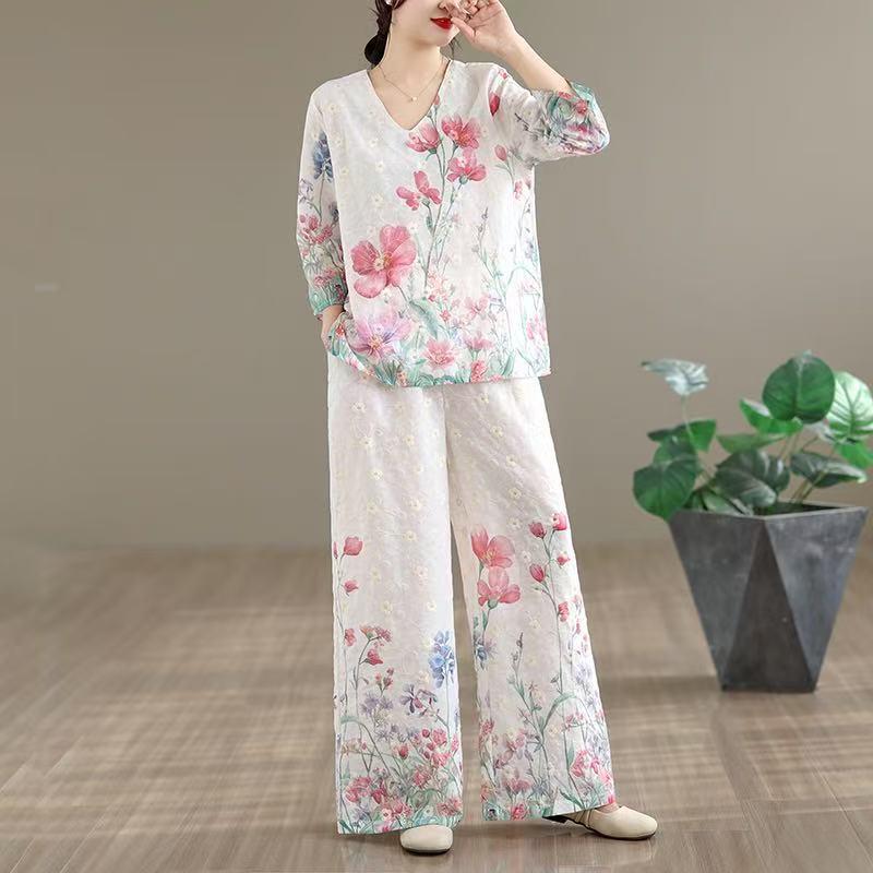 

Ethnic Style Women s Embroidered Two-Piece Set: Artistic Retro V-Neck Shirt & Wide-Leg Pants M