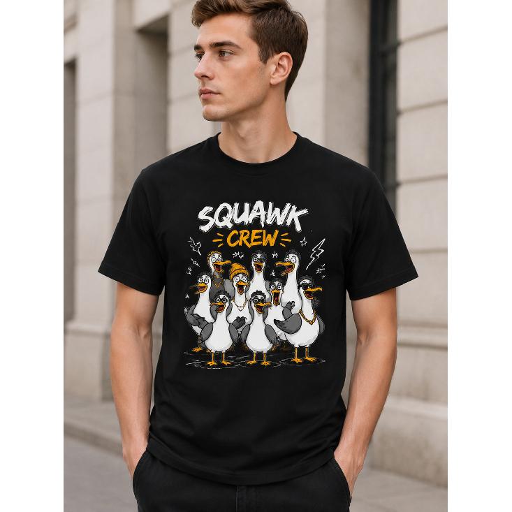 Men s Squawk Crew Graphic Tee - Short Sleeve Crew Neck Cotton Blend Funny Duck Print Casual Wear for Daily Outings & Street Style S чёрный