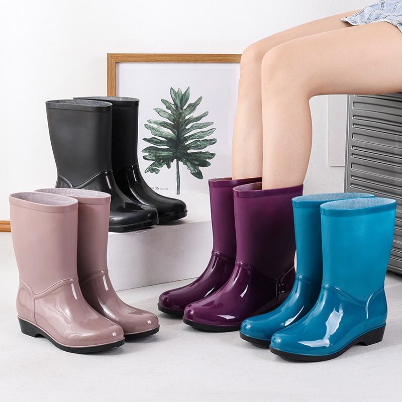 Medium tube rain shoes, women's rubber shoes, adult water boots, warm platform water shoes, velvet kitchen rain boots