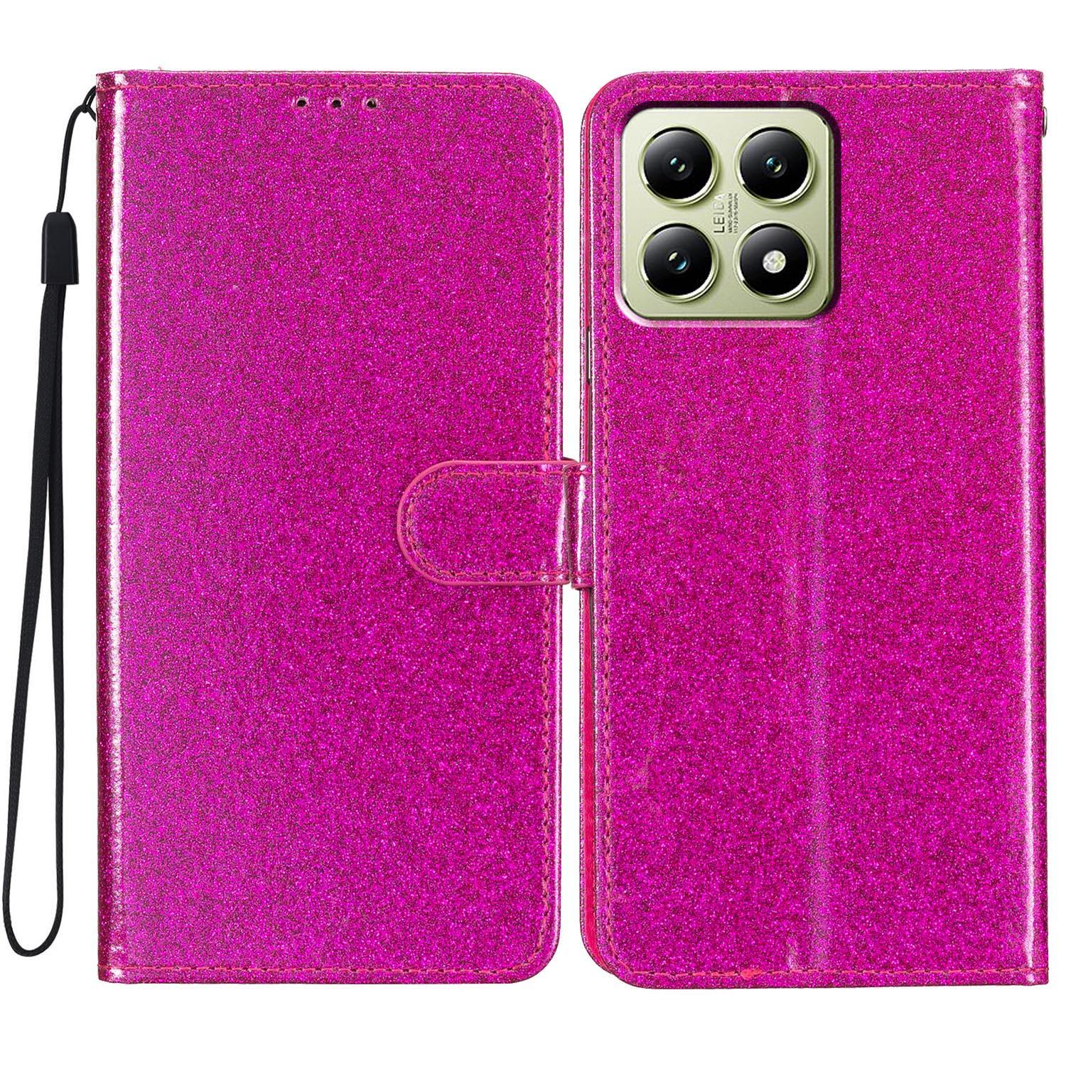 

For Xiaomi 15T Pro Wallet Case Glitter Anti-Scratch Leather Stand Phone Cover with Strap Rose