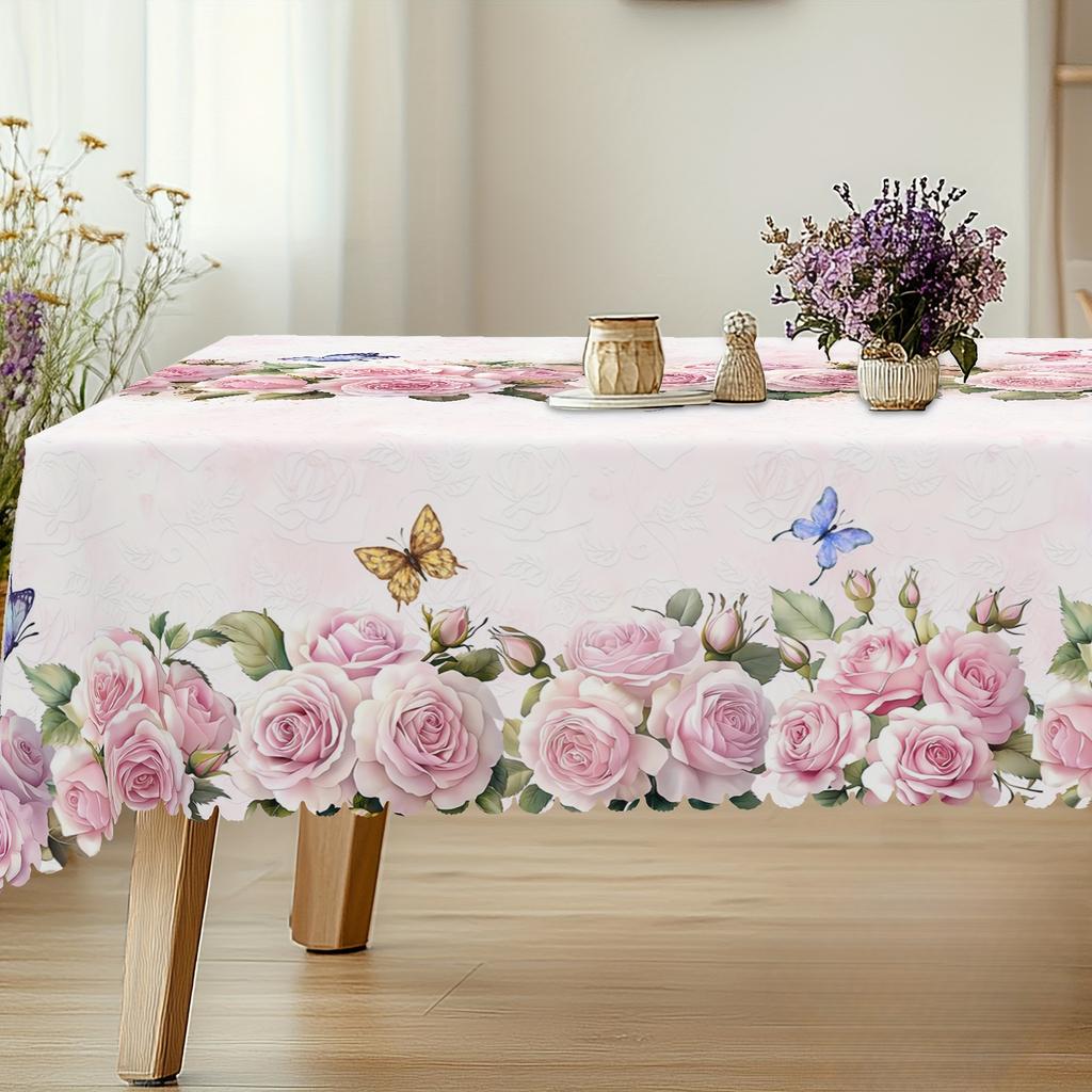 Spring Pink Rose Flowers Linen Tablecloth Wedding Party Decor Seasonal Floral Butterfly Table Cloths Mother'S Day Decorations
