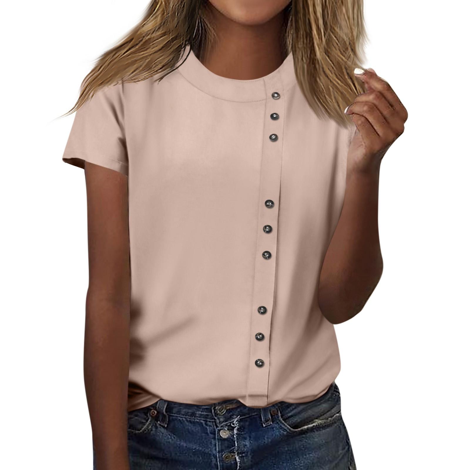 Женская модная повседневная футболка с круглым вырезом и декоративными пуговицами — фото 3